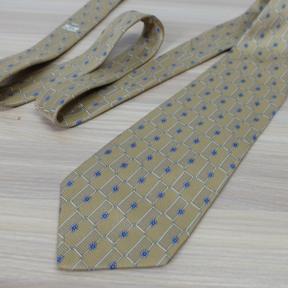 LANCEL Paris Neck Tie Men Beige Blue Geometric Floral Lattice Silk French Luxury